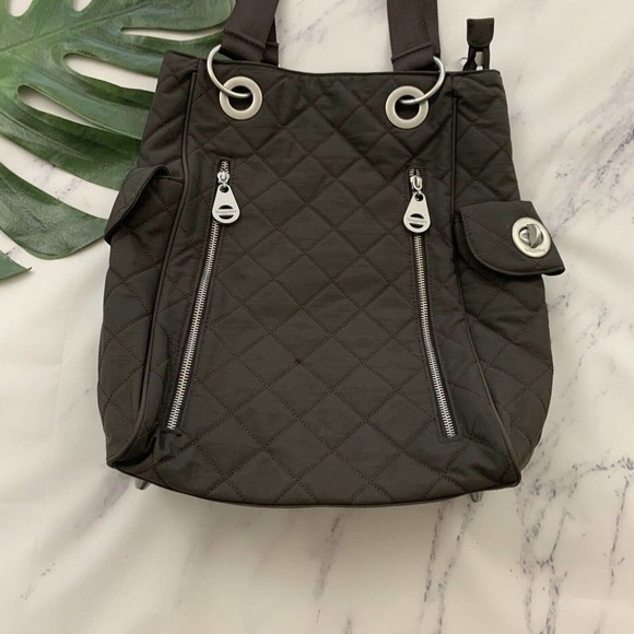 Baggallini Quilted Shoulder Tote Bag Brown Silver Zippers Travel Nylon Square - Picture 3 of 8